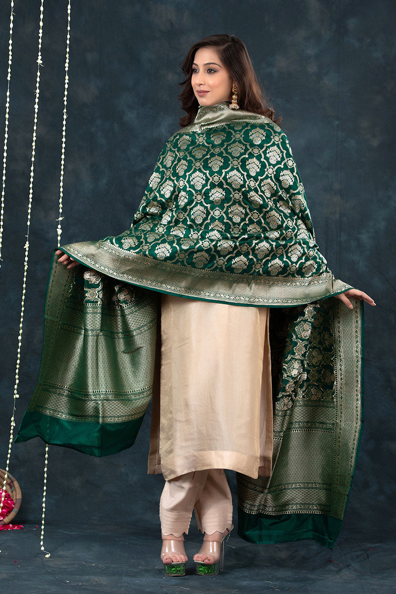Bottle Green Handwoven Banarasi Katan Silk Dupatta