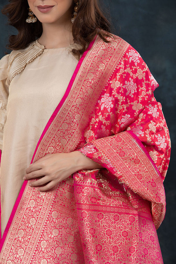 Pink Handwoven Banarasi Katan Silk Dupatta - Chinaya Banaras