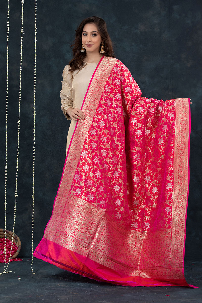 Pink Handwoven Banarasi Katan Silk Dupatta