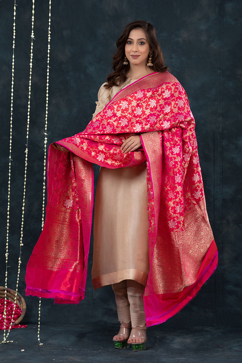 Pink Handwoven Banarasi Katan Silk Dupatta