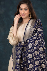 Navy Blue Handwoven Banarasi Katan Silk Dupatta