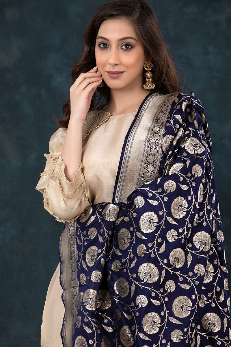Navy Blue Handwoven Banarasi Katan Silk Dupatta
