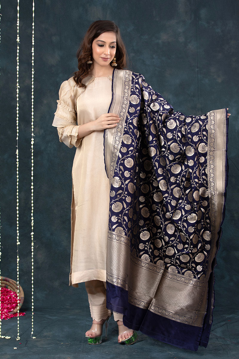 Navy Blue Handwoven Banarasi Katan Silk Dupatta