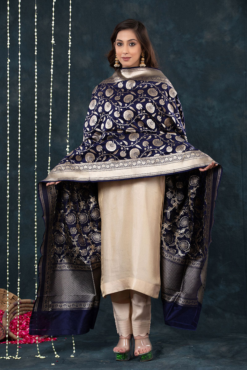 Navy Blue Handwoven Banarasi Katan Silk Dupatta - Chinaya Banaras