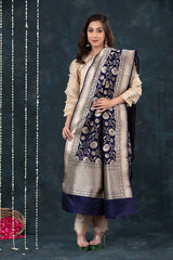 Navy Blue Handwoven Banarasi Katan Silk Dupatta