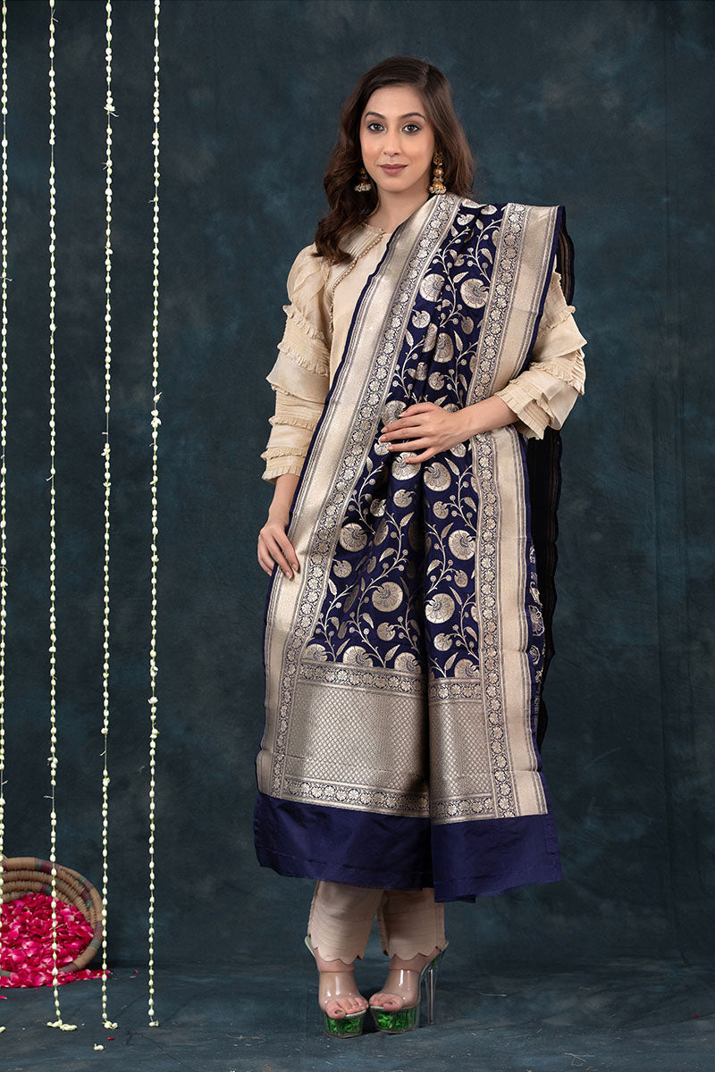 Navy Blue Handwoven Banarasi Katan Silk Dupatta