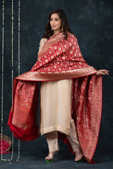 Red Handwoven Banarasi Katan Silk Dupatta - Chinaya Banaras