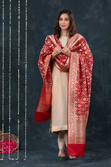 Red Handwoven Banarasi Katan Silk Dupatta