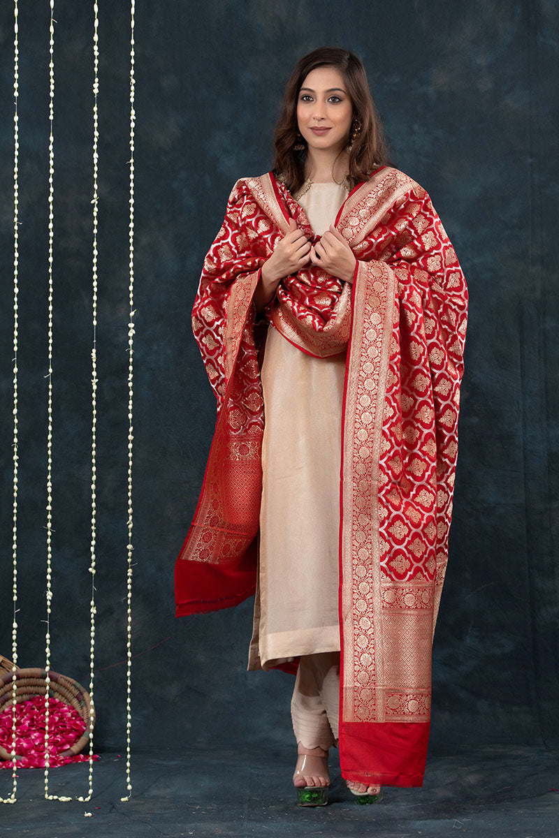 Red Handwoven Banarasi Katan Silk Dupatta At Chinaya Banaras