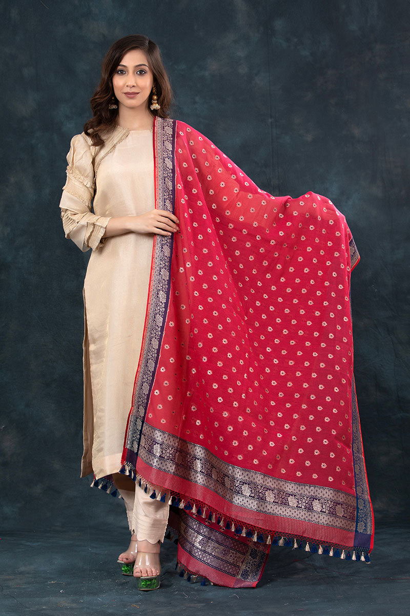 Crimson Red Woven Banarasi Chanderi Silk Dupatta