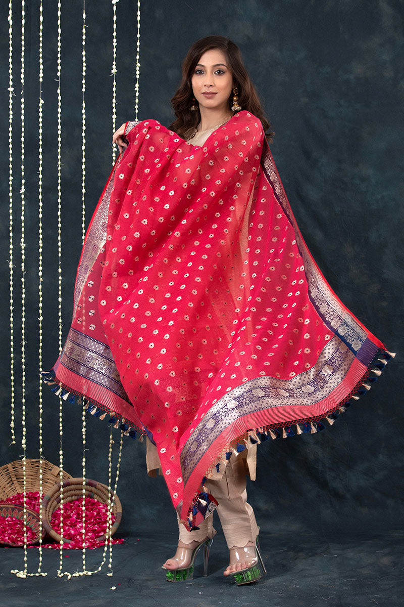 Crimson Red Woven Banarasi Chanderi Silk Dupatta