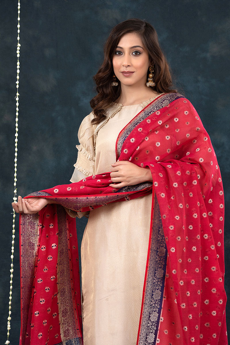 Crimson Red Woven Banarasi Chanderi Silk Dupatta