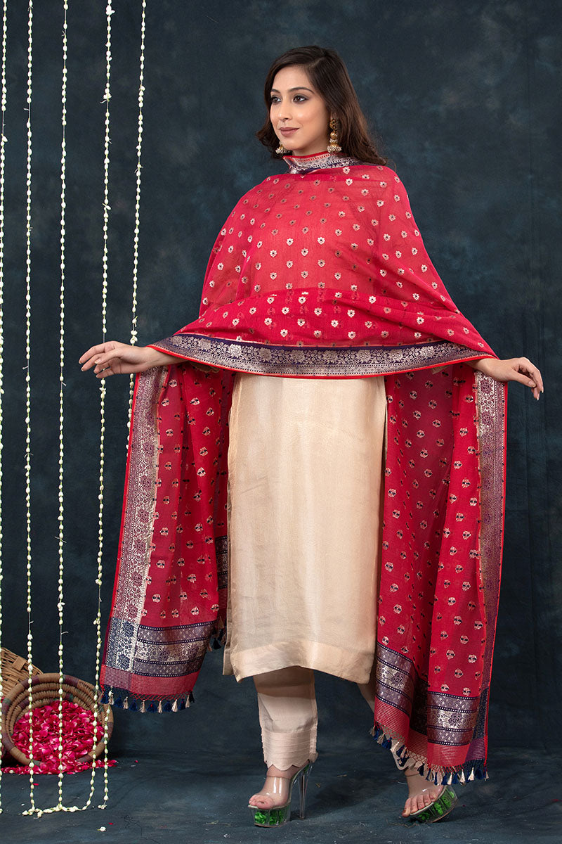 Red Woven Banarasi Chanderi Silk Dupatta At Chinaya Banaras