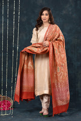 Coral Peach Handwoven Tussar Khaddi Silk Dupatta - Chinaya Banaras