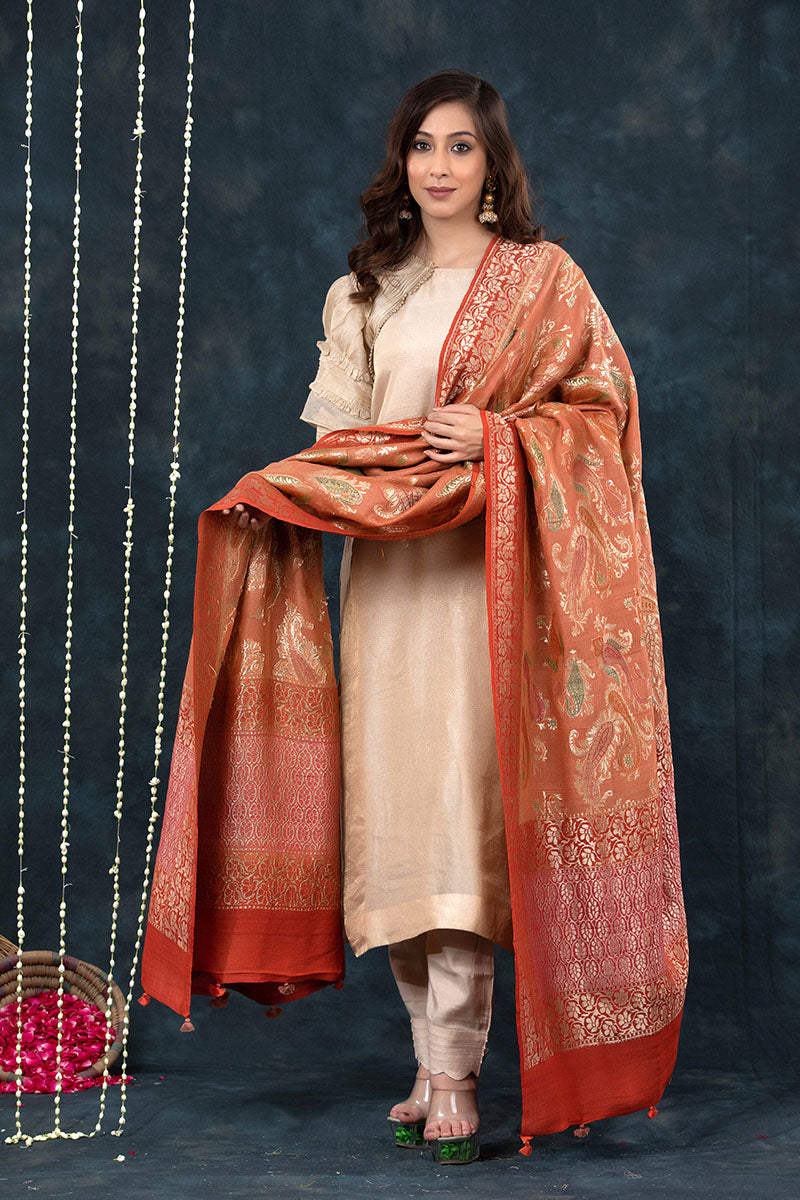 Coral Peach Handwoven Tussar Khaddi Silk Dupatta