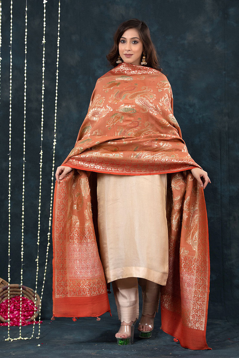 Coral Peach Handwoven Tussar Khaddi Silk Dupatta - Chinaya Banaras