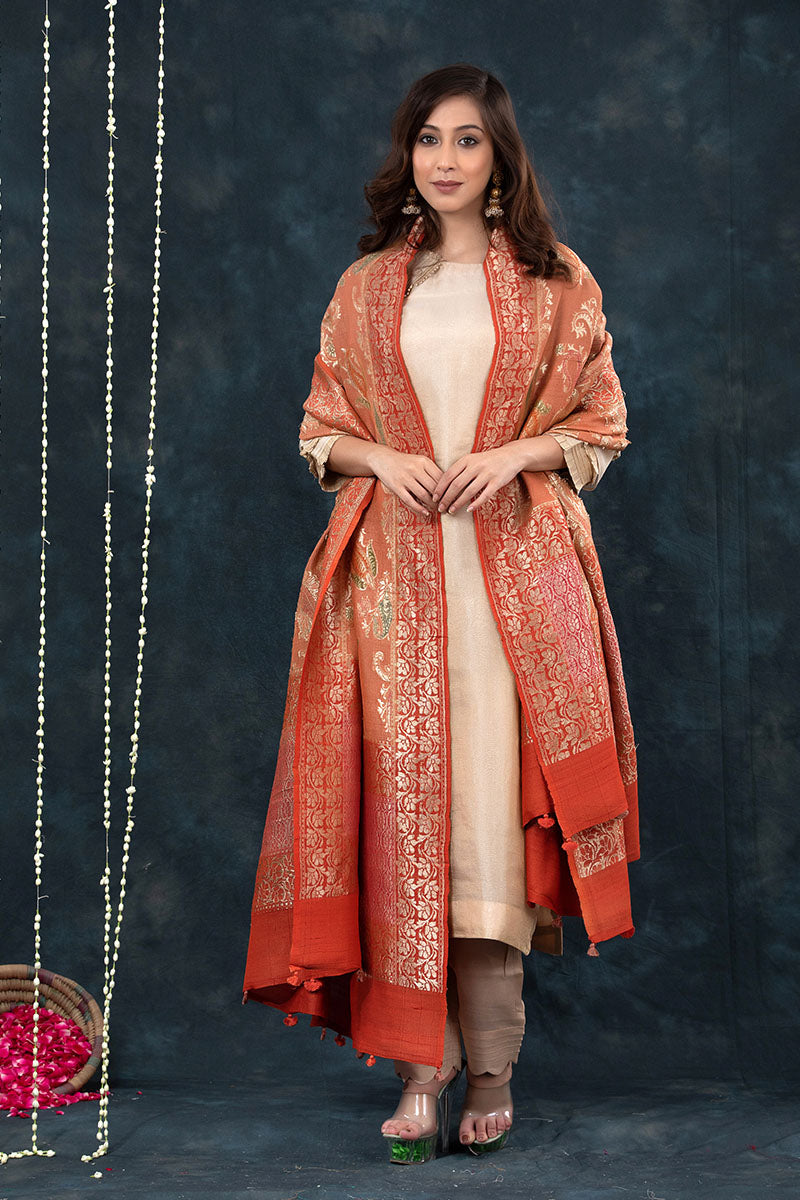 Coral Peach Handwoven Tussar Khaddi Silk Dupatta