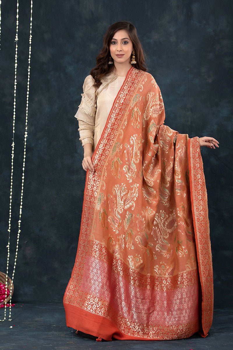 Coral Peach Handwoven Tussar Khaddi Silk Dupatta