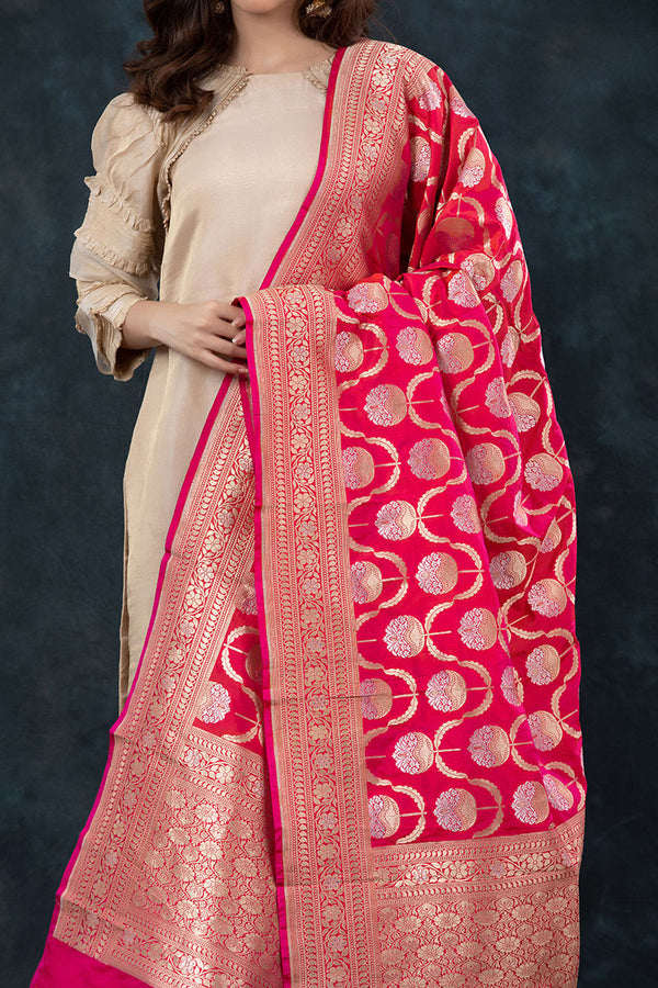 Pink Sonarupa Handwoven Katan Silk Dupatta - Chinaya Banaras