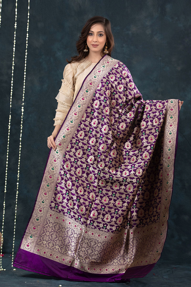  Purple Handwoven Katan Silk Dupatta At Chinaya Banaras