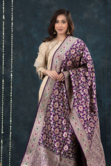 Deep Purple Meenakari Handwoven Katan Silk Dupatta - Chinaya Banaras