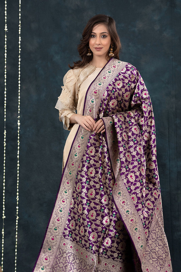 Deep Purple Meenakari Handwoven Katan Silk Dupatta - Chinaya Banaras