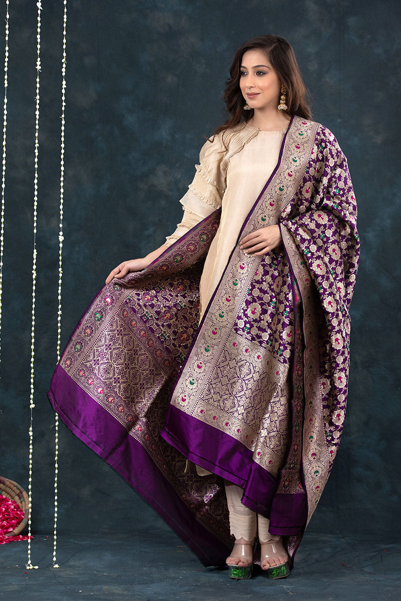 Deep Purple Meenakari Handwoven Katan Silk Dupatta