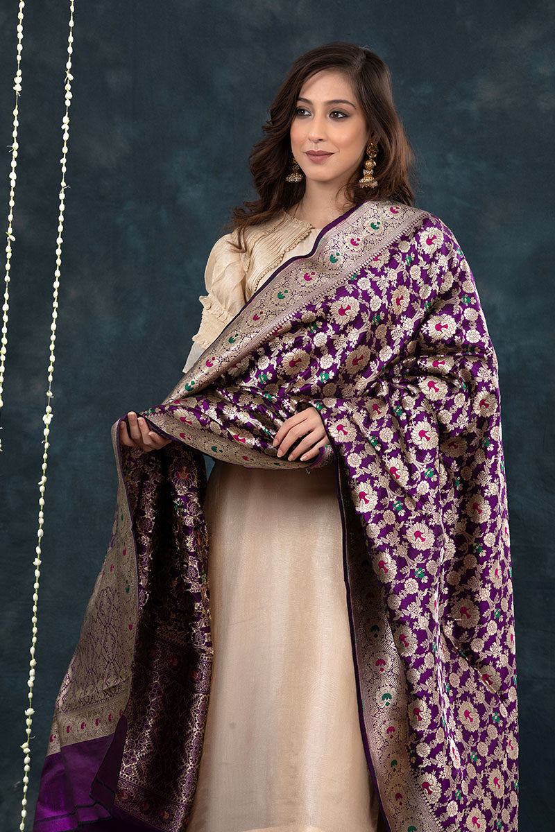 Deep Purple Meenakari Handwoven Katan Silk Dupatta