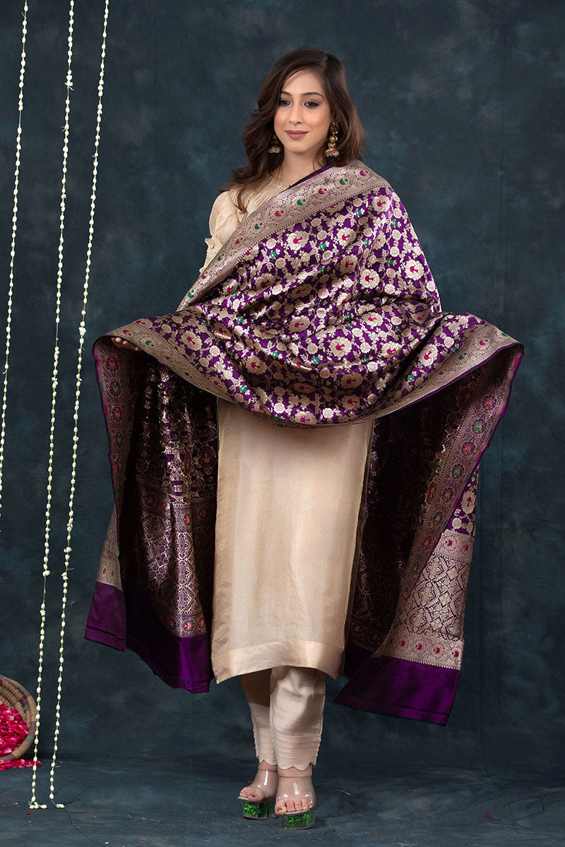 Deep Purple Meenakari Handwoven Katan Silk Dupatta - Chinaya Banaras