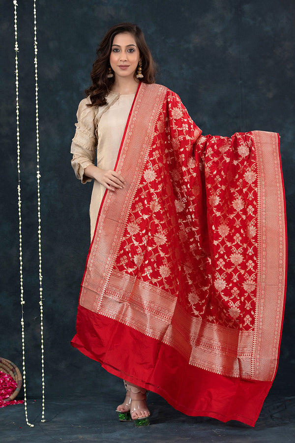 Red Handwoven Banarasi Katan Silk Dupatta At Chinaya Banaras