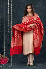 Red Handwoven Banarasi Katan Silk Dupatta
