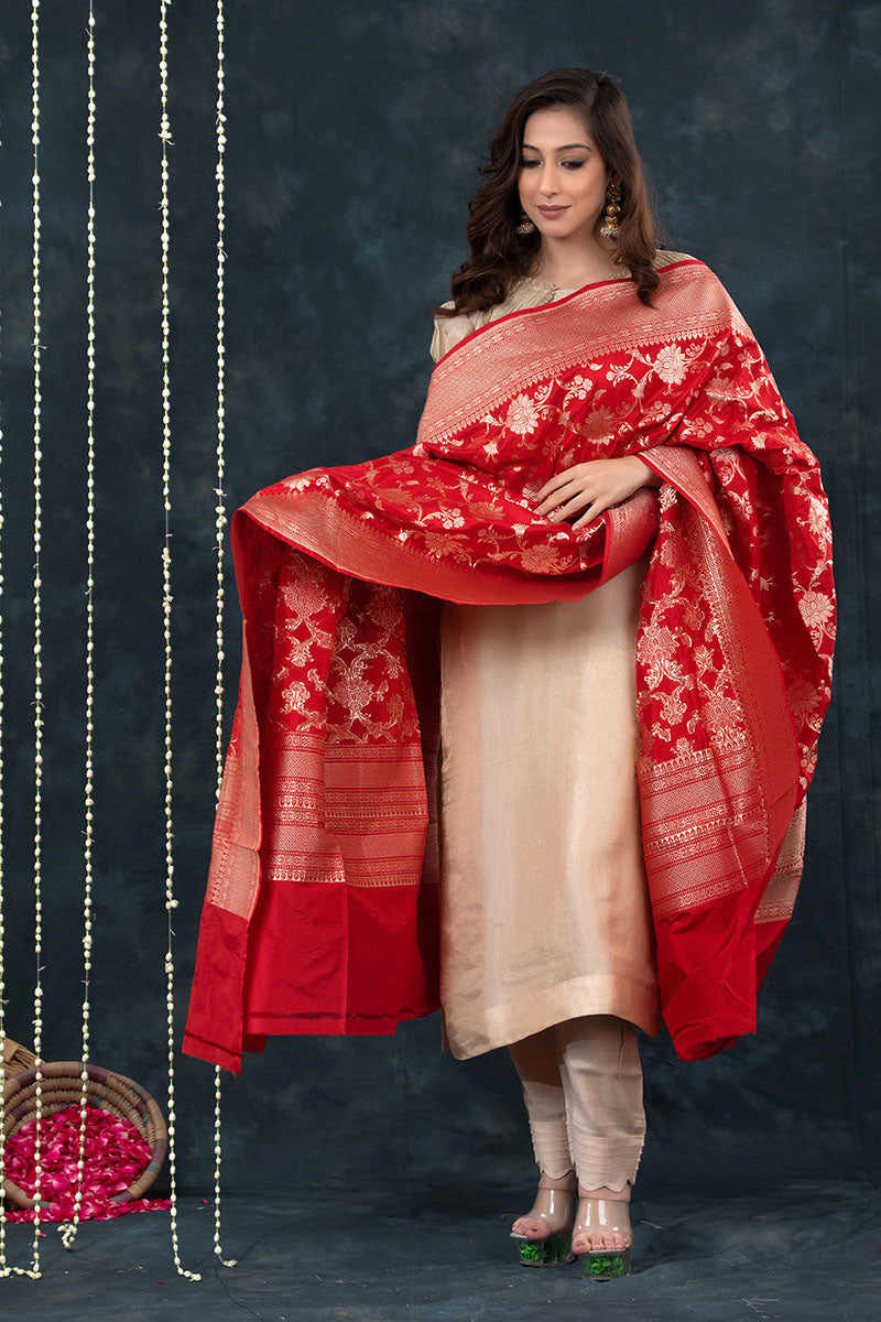 Red Handwoven Banarasi Katan Silk Dupatta - Chinaya Banaras