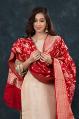 Red Handwoven Banarasi Katan Silk Dupatta