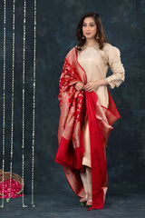 Red Handwoven Banarasi Katan Silk Dupatta