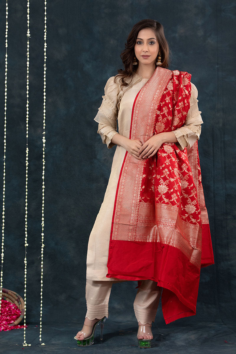 Red Handwoven Banarasi Katan Silk Dupatta - Chinaya Banaras