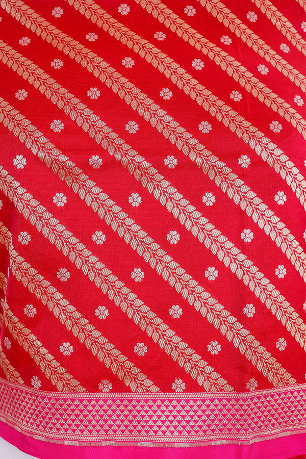Magenta Pink Striped Woven Banarasi Silk Dupatta - Chinaya Banaras