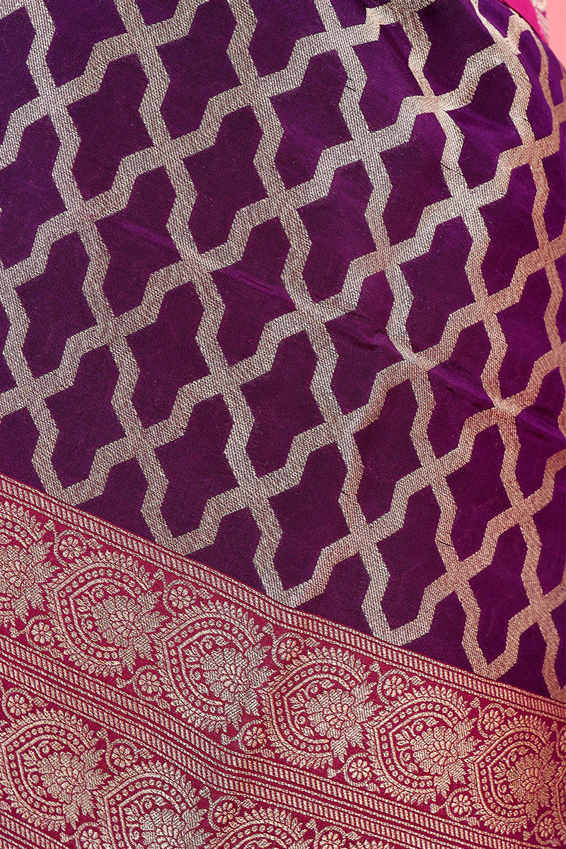 Deep Purple Geometrical Woven Banarasi Silk Dupatta - Chinaya Banaras