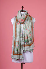 Green Printed Linen Dupatta By Chinaya Banaras