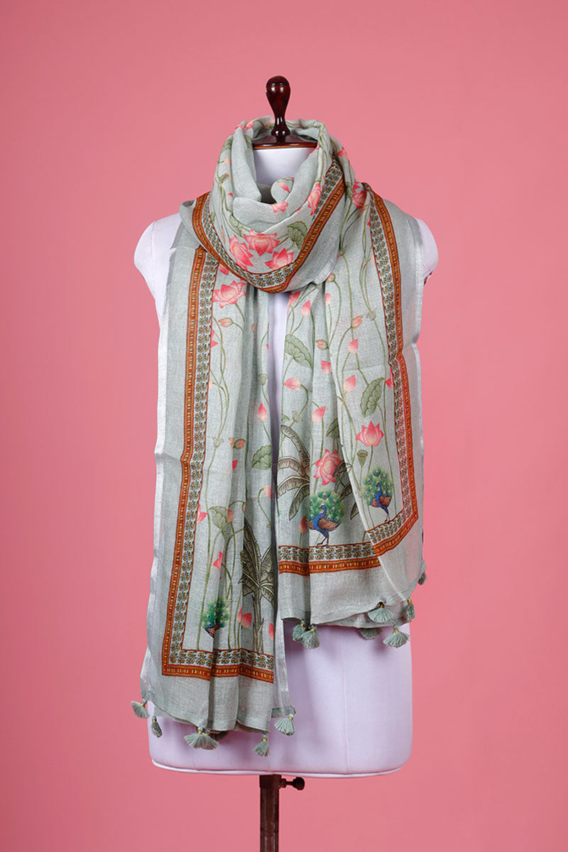 Dupatta, Green Dupatta​, Pichwai Dupatta, Dupatta for women, Printed Dupatta, Linen Dupatta​
