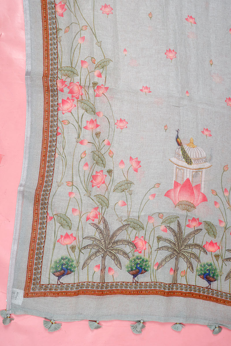 Mint Green Pichwai Printed Linen Dupatta