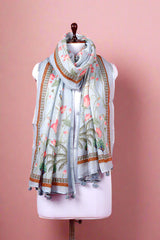 Blue Printed Linen Dupatta by Chinaya Banaras