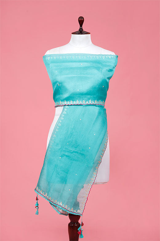 Blue Embellished Organza Silk Dupatta By Chinaya Banaras