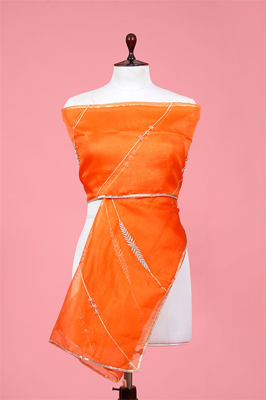 Orange Zardozi Embellished Organza Silk Dupatta By Chinaya Banaras