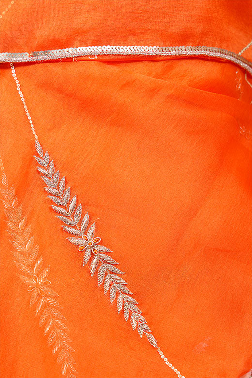 Orange Zardozi Embellished Organza Silk Dupatta