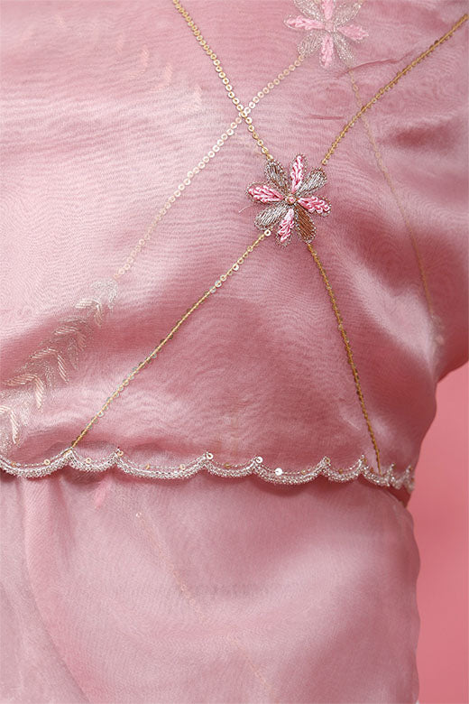 Rose Pink Zardozi Embellished Organza Silk Dupatta