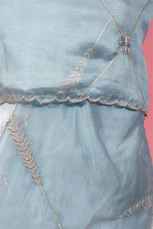 Powder Blue Zardozi Embellished Organza Silk Dupatta