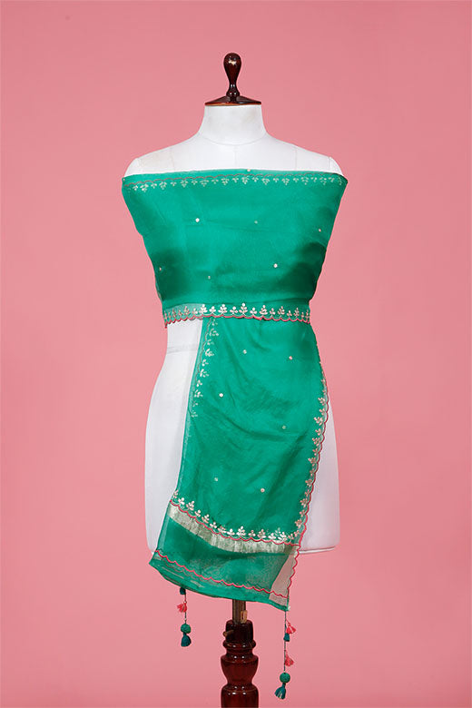 Green Embelished Organza Silk Dupatta By Chinaya Banaras