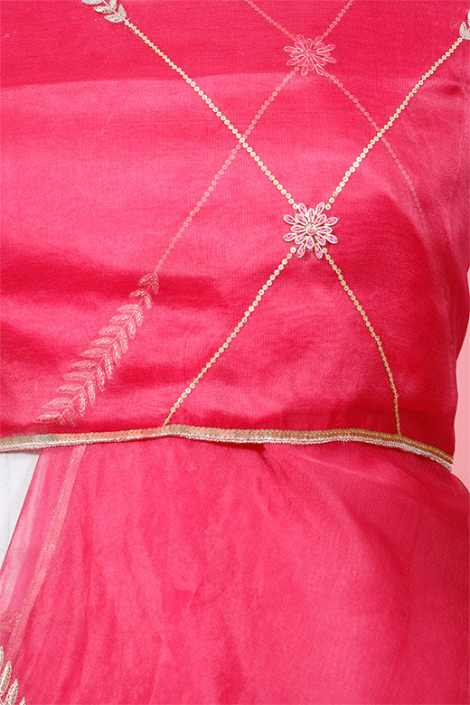 Magenta Pink Zardozi Embellished Organza Silk Dupatta