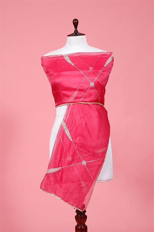 Pink Zardozi Embellished Organza Silk Dupatta By  Chinaya Banaras