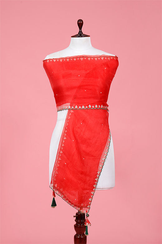 Red Embellished Organza Silk Dupatta By Chinaya Banaras